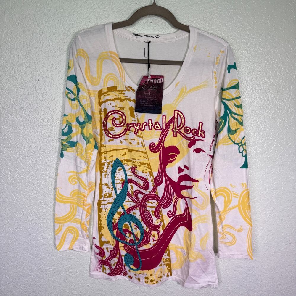 Christian Audigier Y2K Shirt Women Large Crystal Rock Music Note Woman Graphic T